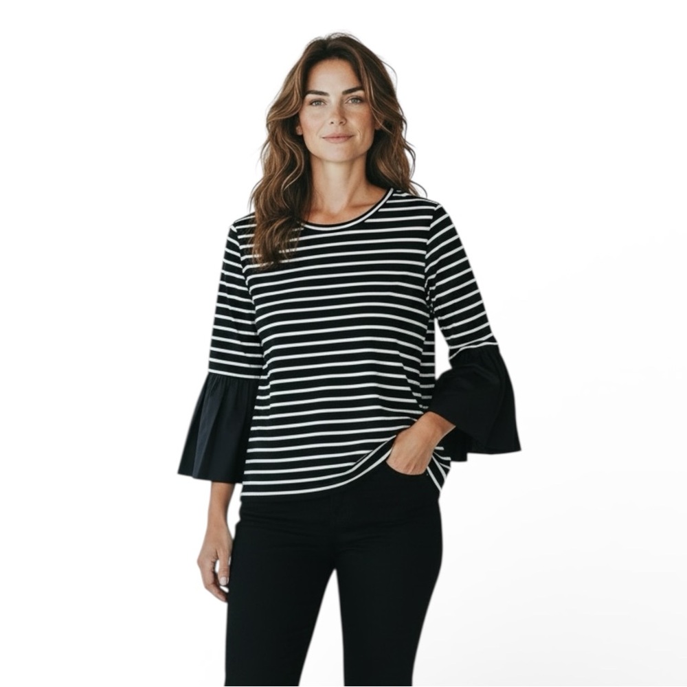 Anthropologie Adele Black and White Striped Blouse, Size Medium, EUC